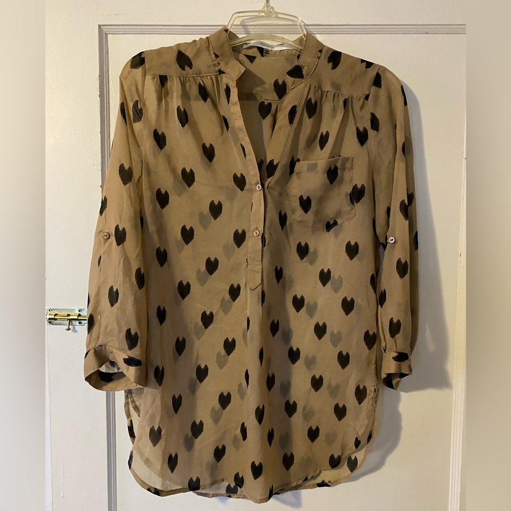 ModCloth fun2fun Beige Sheer Pixel Heart 3/4 Sleeve Blouse size S